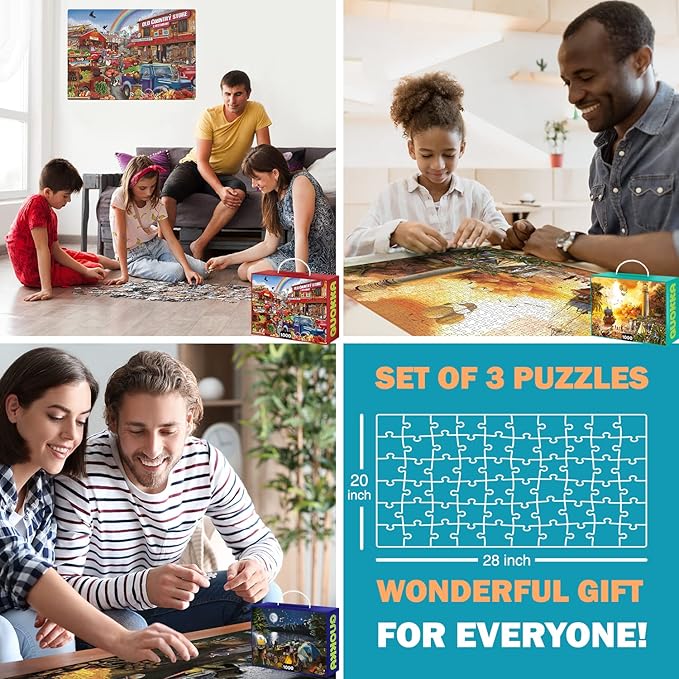 Quokka Puzzles for Adults 1000 Pieces and Up - 3 Pack of 1000 Piece Puzzles for Kids Ages 8-10-12 - Enjoy Market, Lighthouse and Camping Designs for Women and Men