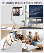 Tablet Arm Mount with Super Grip, Adjustable Foldable Holder & Heavy Duty Aluminum 360° Rotating Clamp for iPad, Phone, Monitor, Kindle - Universal for Desk, Bed, Kitchen - Silver