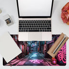 Desk Pad, Anime City Street Scene Desk Mat, Pink Neon Street Large Gaming Mouse Pad for Desk, 31.5"x15.7" Extended Big Computer Keyboard Mouse Pad with Non-Slip Base and Stitched Edge