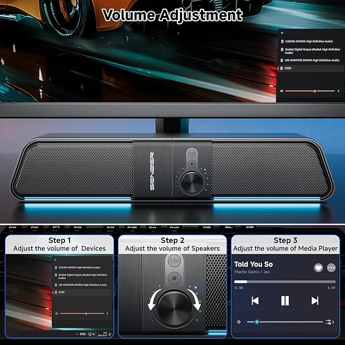 SENZER CS20 2 in 1 Bluetooth Computer Speakers for Desktop, USB Plug & Play Clear Sound PC Speakers with RGB Light, Monitor Sound Bar with Volume Knob, Gaming Speaker for PC Laptop Phone Tablet