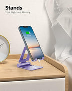 Nulaxy Dual Folding Cell Phone Stand, Fully Adjustable Foldable Desktop Phone Holder Cradle Dock Compatible with iPhone 17 16 15 14 13 12 11 Pro Max Xs Xr X 8, Nintendo Switch, All Phones - Purple