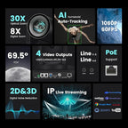 AI Auto Tracking PTZ Camera 3G-SDI/USB3.0/HDMI/LAN PoE 30X Optical and 8X Digital Zoom Live Streaming Camera 1080P 60FPS for Church Services Worship Education Events vMix OBS YouTube