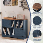 Large Record Player Stand with Vinyl Storage Up to 450 Albums, 39 Inch Farmhouse Wood Navy Blue Vinyl Records Storage Cabinet with Barn Doors, Mid-Century Turntable Stand for Living Room