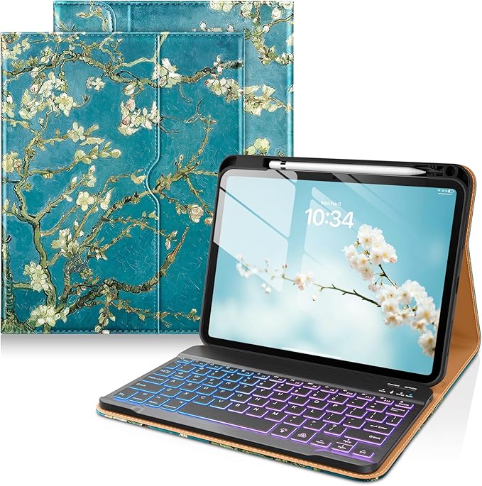 DTTO for iPad 11th (A16)/ 10th Generation Case with Keyboard (2025/2022), 7 Colors Backlit Wireless Detachable Keyboard Leather Folio Cover with Pencil Holder & Pocket, Blossom