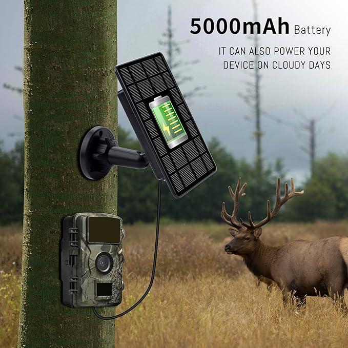 3W Trail Camera Solar Panel, with Build-in 5000mAh Rechargeable Lithium Battery Solar Battery Charger Kit for Hunting Game Cameras or Deer Feeder Accessory, 12V/1A 6V/2A IP65 Waterproof Solar Panel