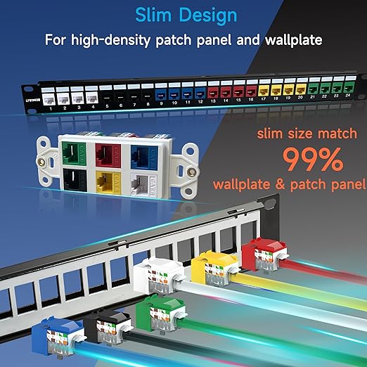 Keystone Jack Cat6 Slim 25 Pack, Cat6 Keystone Jacks 90 Degree, RJ45 Jack Punch Down Green, Compatiable for Network WallPlate or Patch Panels