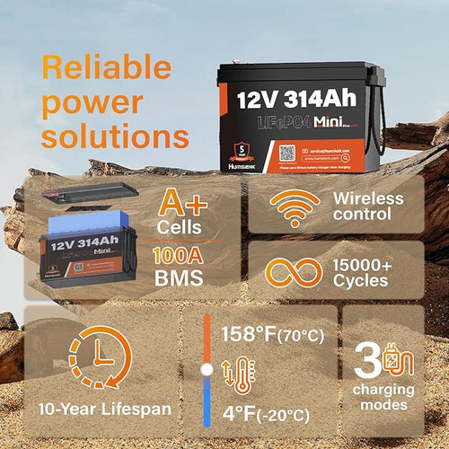 12V 300Ah (314Ah) LiFePO4 Lithium Battery Bluetooth MINI, Max. 4190Wh Energy, EV A+ Cells, Built-in 100A BMS, 15000 Deep Cycles Batterys for RV, Marine, Solar