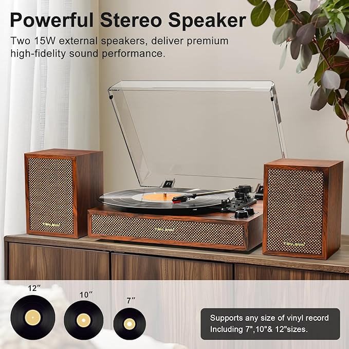 Vinyl Record Player with External Speakers, 3 Speed Vintage Stereo Turntable for Vinyl Records, Bluetooth Input, Auto Stop & Belt Driven System, RCA Out and Aux in - Brown Wood
