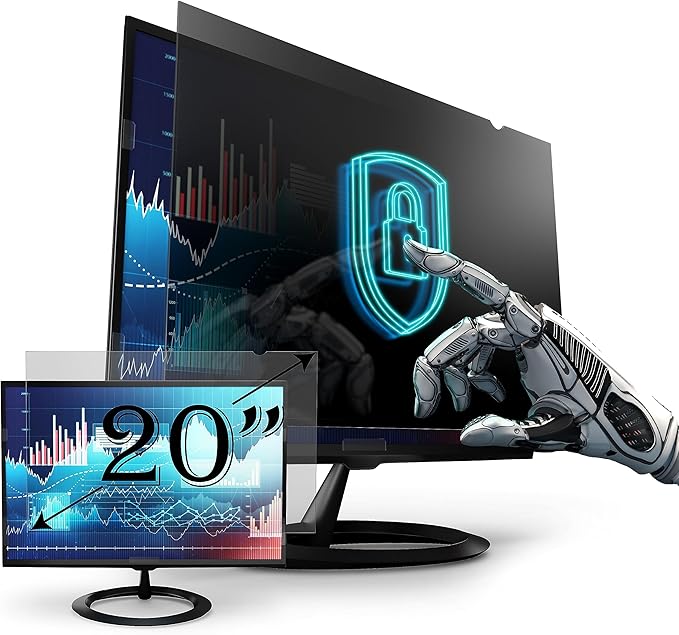 Premium Privacy Screen Filter for 20 Inches Desktop Computer Monitor. Screen Protector size is 17.4 inch width x 9.8 inch height. Anti Glare and Anti Blue Light Protection