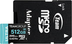 TEAMGROUP A2 Ultra Card 512GB Micro SDXC UHS-I U3 A2 V30, R/W up to 200/170 MB/s with Adapter TULMSDX512GIA2V3022503