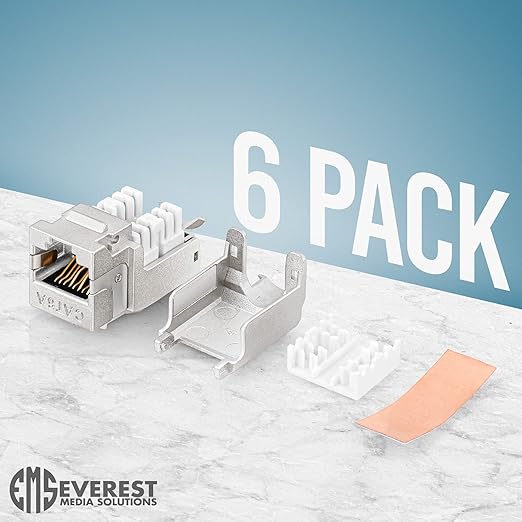 Everest Media Solutions RJ45 Shielded Keystone Jack - 6-Pack - Slim Profile, 90 Degrees, F/STP Female Connector - Tested for CAT5e, CAT6, CAT6A, CAT7 - up to 10GB Speed