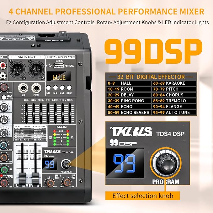 Audio Mixer, 4 Channel Sound Board Mixing Console with 99-Bit DSP, 7-Band Eq Output, Digital MP3 Computer Input, Professional DJ Mixer Board with 48V Phantom Power Stereofor Recording Live