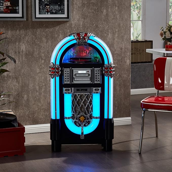 Arkrocket Taurus II Mid-Size Jukebox Vinyl Record Player Bluetooth USB SD CD Player Radio Retro Turntable Classic Jukebox (Taurus II - Black)