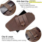 TobbinGear Left-Handed Leather Cell Phone Holster with Belt Clip, Universal Phone Holster for Men Belt Holder, Leather Case for iPhone, Samsung Galaxy Phones, Dark Brown, Medium