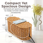 Cable Management Box, Handmade Rattan Cable Organizer, 2 Open Slots Cords Hider Box, Under Desk Cord Organizer for Computer Router USB Hub & Power Strip, Patent Pending, 15.9" x 6.5" x 6.5", Natural