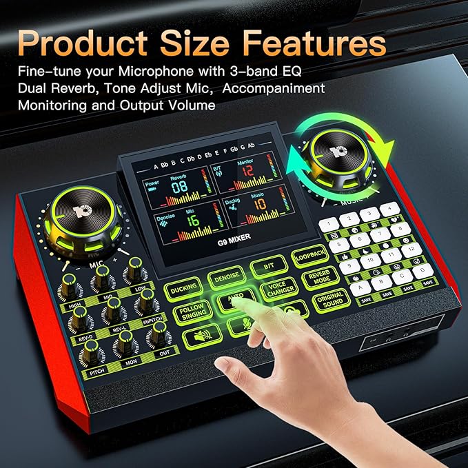 Audio mixer, suitable for live streaming, singing, and gaming on computer/phone; soundboard for 3.5mm condenser microphone; podcast mixer with live sound card, noise reduction, and one-touch mute