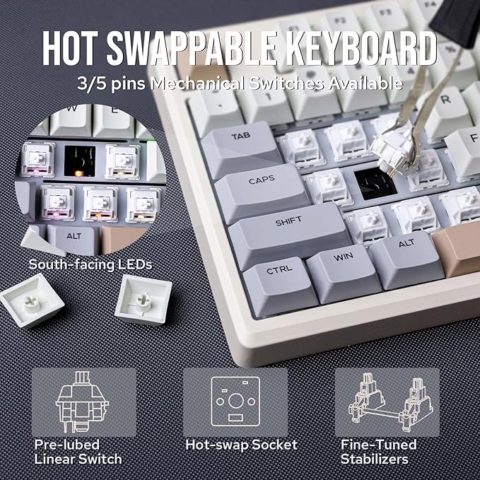 EPOMAKER Galaxy100 QMK/VIA Wireless Gaming Keyboard, Aluminum Shell, Bluetooth/2.4Ghz/USB-C, Pre-Lubed Hot-Swappable Linear Switches, NKRO, RGB Backlit (Creamy White, Marble White Switch)