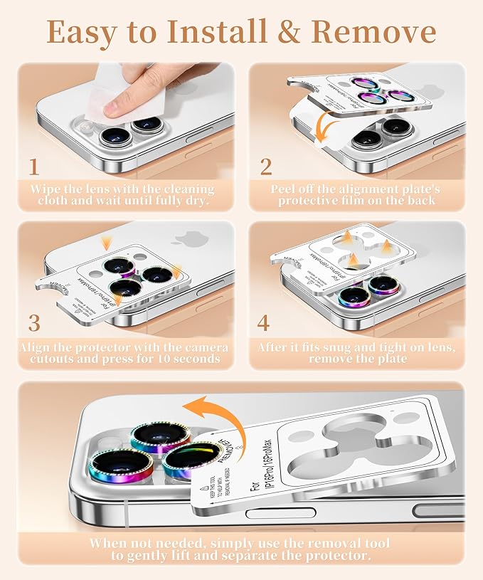 GolbinBox Camera Lens Protector for iPhone 16 Pro Max/16 Pro, 1:1 Invisible Fit, 9H Tempered Glass Ultra HD Metal Individual Camera Cover Screen Protectors for Women, Case Friendly, Bling/Colorful