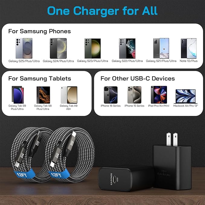 45W Super Fast Charger Type C, [2 Pack] 45 Watt USB-C Charger PD/PPS Wall Charging Block for Samsung Galaxy S25 Ultra/S25+/S25/S24/S23 Ultra/S23+/S22 Ultra/S22+/S20 Ultra, Tab S8(with 2X 12ft Cable)