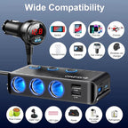 Cigarette Lighter Adapter, 222W 3 Socket Car Cigarette Lighter Plug USB Charger Multi Port 12V Car Plug Outlet Splitter with LED Voltage Display Independent Switches