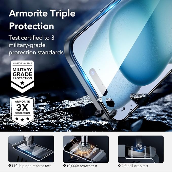 ESR 3+1 Pack for iPhone 15 Screen Protector, [9H Hardness] [Military Grade Shatterproof] Full Coverage Ultra-tough Tempered Glass Film with Easy Installation Frame, 1 Set of Camera Lens Protector