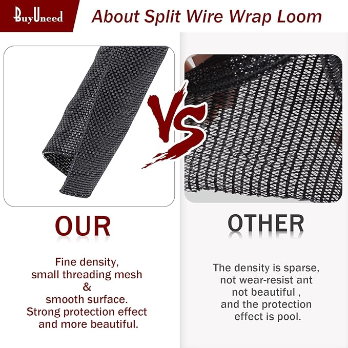 Black Braided Cable Management Sleeves Wire Loom Tubing Cord Protector Self-Wrapping (1/2"-12Feet)