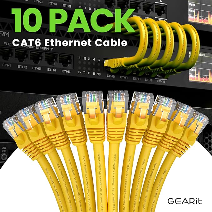 GearIT Cat 6 Ethernet Cable (10-Pack 15 Feet) Cat6 Network Patch, 10Gbps, RJ45, Snagless Cord, Gold-Plated Connectors, Internet for PC, TV, Tablet, Router, Printer, Servers, IT Data Center - Yellow