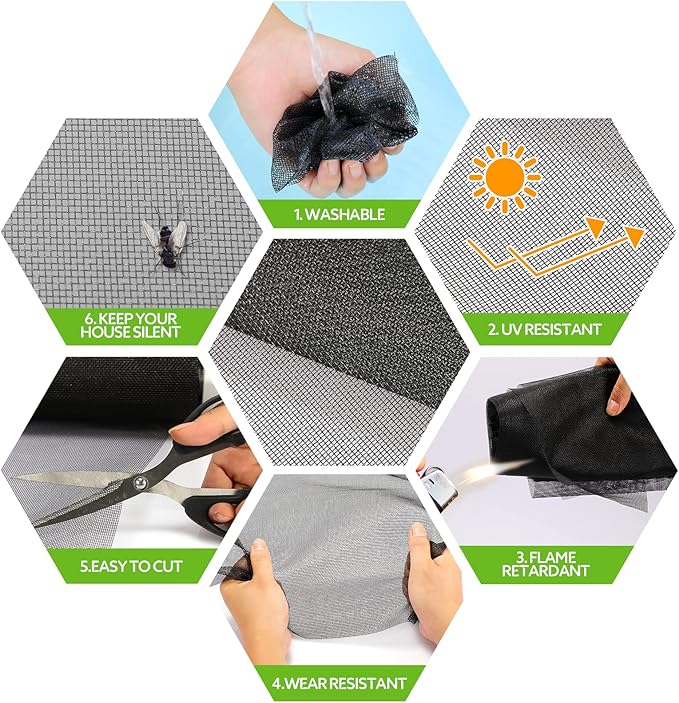 FLYZZZ Windows Screen Door Repair Kit Fiberglass Mesh 48''x118''(0.161"Spline) Black Window Screen Repair Kit Replacement Mesh Tool for Patio Screen Sliding Door Screen