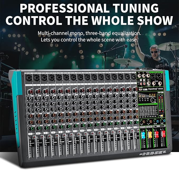 Depusheng MX16 16 Channel Sound Mixer Audio Mixing Console 48V 256DSP Professional USB PC Play Record Podcast Live Broadcast (US MX16)