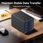 Hybrid 3*2.5/3.5" SATA HDD/SSD+3* M / B+M Key M.2 NVMe Enclosure with Cooling Fan and USB A/C 3.2 Gen 2, Hard Drive Enclosure Support 90TB(3*22TB HDD+3*8TB 2230/2242/2260/2280/22110 SSDs)