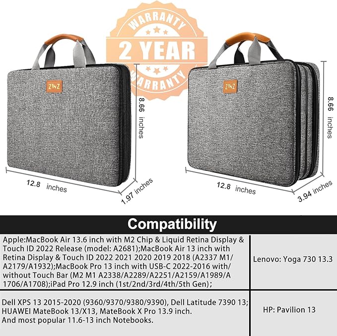ZINZ Slim Expandable Laptop Case 13 Inch Sleeve Upgraded Protective Durable Recycled Briefcase for 13" MacBook Air/Pro M1/M2, iPad Pro 12,9, Surface Pro 3/4/5/6/2017 12.3",XPS 13,D01G03