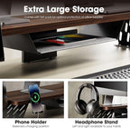 Fenge Dual Monitor Stand, 42.5 Inch Monitor Riser for Desk, Wood Desk Shelf for 2 Monitors, 2 Tier Monitor Shelf with Headphone Stand & Phone Holder