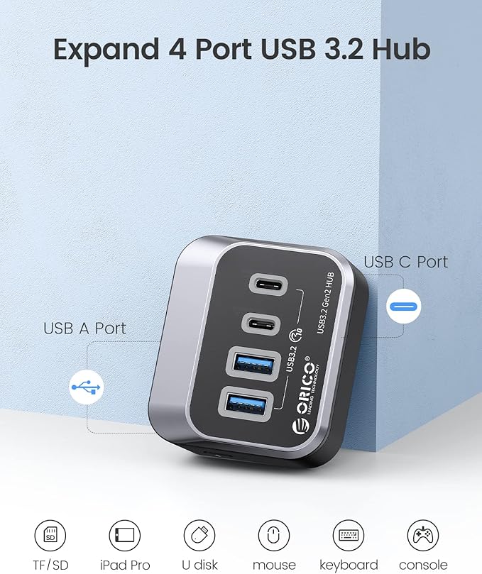 ORICO USB Hub 10Gbps with 2 USB A Ports+2 USB C Ports, USB 3.2 Gen 2 Hub with 1.64Ft USB-C Cable and USB-A Adapter USB Splitter for iMac, MacBooks, Mac Mini