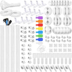 193 PCS Cable Management Kit - 4 Cable Sleeve, 57 Self Adhesive Cable Clips, 12 Hanging Strips, 12 Cable Organizer Straps and 100 Fastening Cable Ties for TV Computer Under Desk (White)