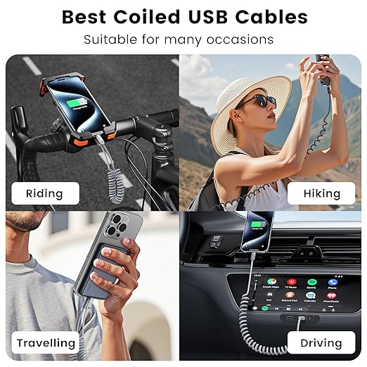 Coiled USB C to USB C Cable 2Pack 3FT Braided Retractable Fast Charging Cable for Car, Compatible with iPhone 16/15 Pro Max/Galaxy S24/S23/S22, Supports Car Play & Android Auto-Grey