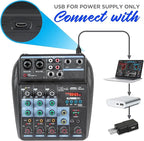 Dj Mixers 4 Channel Audio Mixer Sound Board with Bluetooth, Portable Usb Audio Interface with 48V Phantom Power Small Sounds Mixer Board with FX Delay Effect for Streaming