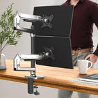Dual Monitor Mount, Holds Screens up to 40 Inches and 25 lbs, Fully Adjustable Dual Monitor Arm with C-Clamp and Grommet Base, Aluminum, Silver