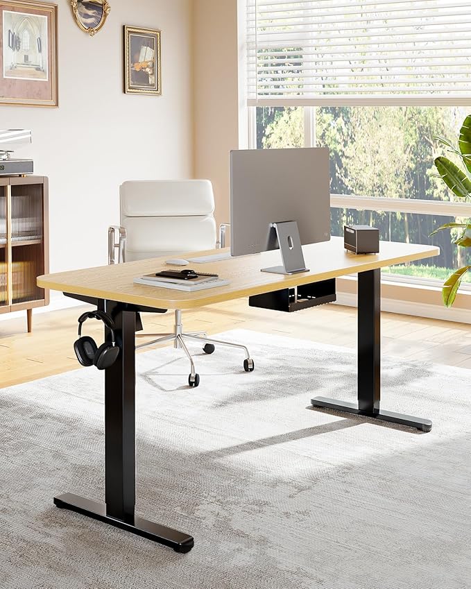 HUANUO Standing Desk Frame with 220lbs Powerful Brushless Motor, Double Crossbeam Structure, Thick Adjustable Desk Legs, for Max 35.4″ x 86.6″ Desktop, for Home Office, Black Frame Only