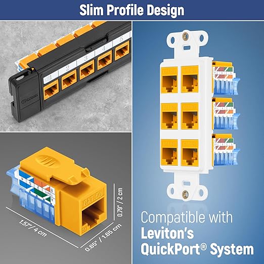 Everest 45° Angled RJ45 Cat5e Keystone Jacks 50-Pack in Yellow - Slim Profile Female RJ45 Connectors - Cat 5e Keystone Jack - Compatible with 45° Angled Speed Termination Tool - 45Term (B0BL3GS7ZY)