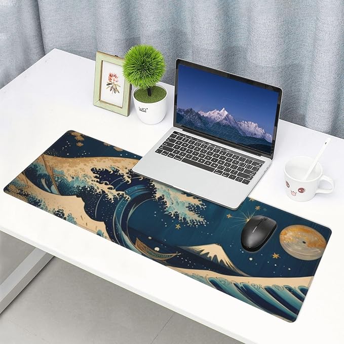 Gaming Mouse Pad, Large Non-Slip Rubber Base Mousepad, Keyboard Mouse Mat, Desk Pad with Stitched Edges, 31.5x11.8inch, Wave Moon