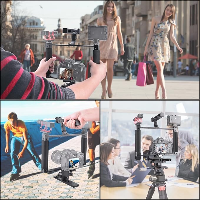 Universal Aluminum Alloy DSLR Mirrorless Camera Camcorder Stabilizer Extension Cage Mount for Mic Monitor Light, Movie Making Rig YouTube Tiktok Vlogging Video Kit w/Phone Holder for Canon Sony Nikon