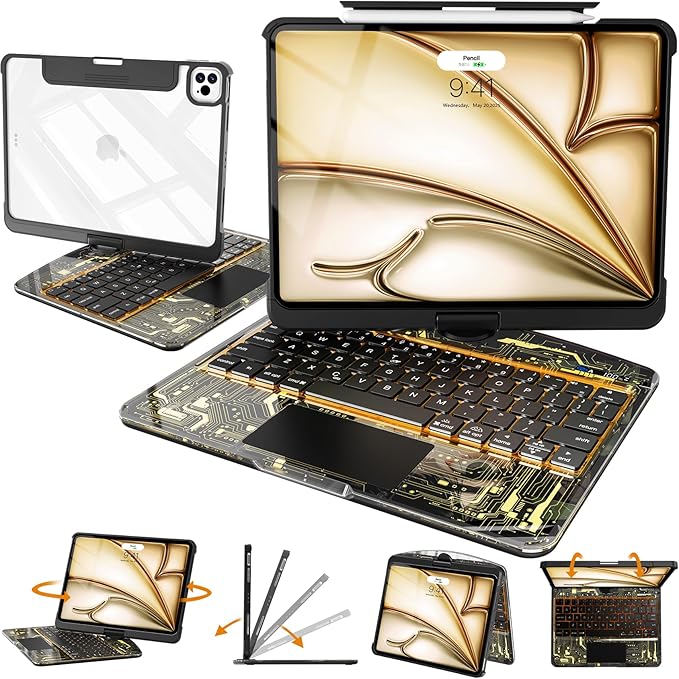 Intermerge Clear Keyboard Case for iPad Pro 11" (M4) 2024 Only, 360° Swivel Multi-Touch Trackpad, 7-Color RGB Backlit, Pencil Holder, Type-C, Power Indicator, Shadow Pulse