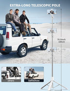 SelfieShow 71" Cell Phone Selfie Stick & Tripod, Smartphone Stand with Remote, Extendable & Travel Compatible with iPhone 15/14/13 Pro Max Gopro Android DJI (White)