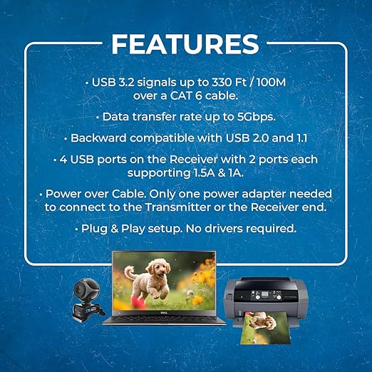 OREI USB 3.2 Over Ethernet HDbaseT Cat6 Extender LAN Upto 330 Feet - Extends 4 Ports USB-A Signal Over LAN Ethernet - Power Over Cable for Long Distance Extension Supports All Operating System