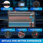 16 Channel Audio Mixer, Soundboard Mixing Console Sound Mixer DJ Sound Controller with USB & Bluetooth, Studio Audio Mixer for Professional and Beginners (16 Channel)