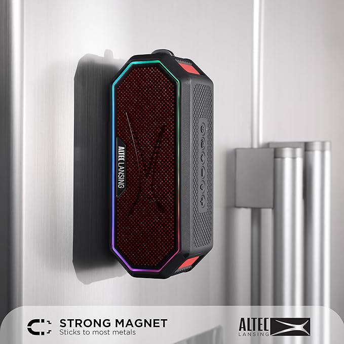Altec Lansing Magnetic Bluetooth Speaker HYDRAJOLT 2.0, Waterproof IP67, 12W Output Power, 16H Battery, Multicolor LED, 100ft Wireless Range, Voice Assistant, USB-C Quick Charge
