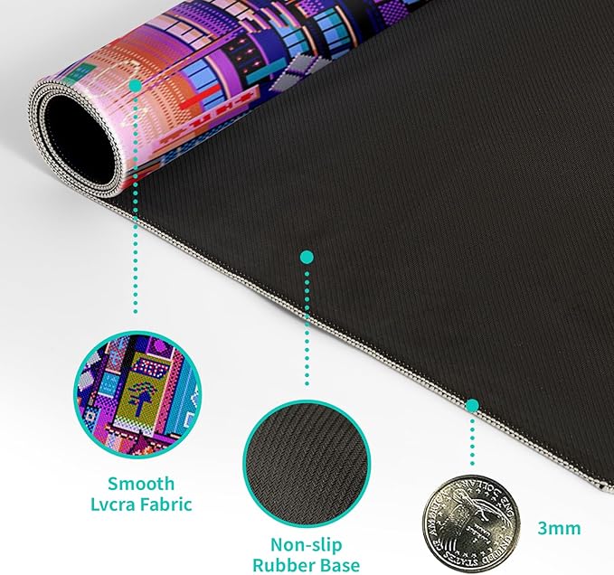 Dark Purple Japanese Gaming Mouse Pad Abstract Anime Mat 31.5x11.8 Inch Tokyo Pixel Street Texture Non-Slip Rubber Base Kawaii Mousepad Stitched Edges Keyboard Desk Pad for Office and Home Game