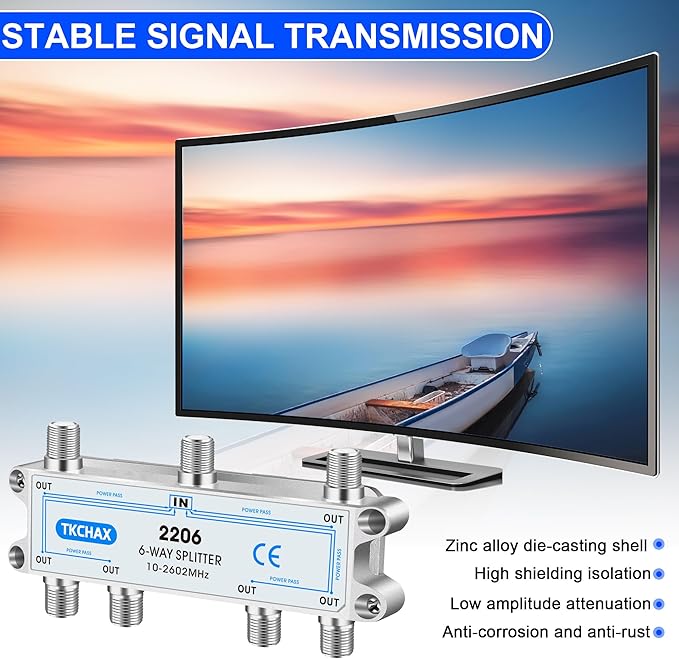 Coaxial Cable Splitter,Support 10-2602MHz,RG6 RG59 Coax Compatible,Work with MoCA2.5 and MoCA3.0, CATV, Satellite TV, Antenna, HDTV and High Speed Internet (6 Way Coaxial Cable Splitter)