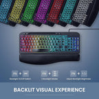 Ergonomic Backlit Keyboard with Wrist Rest, 7 Colors USB Wired Computer Keyboard, Wave Keys, with Phone/Tablet Holder, Comfortable Lighted Keyboard for PC, Windows and Mac