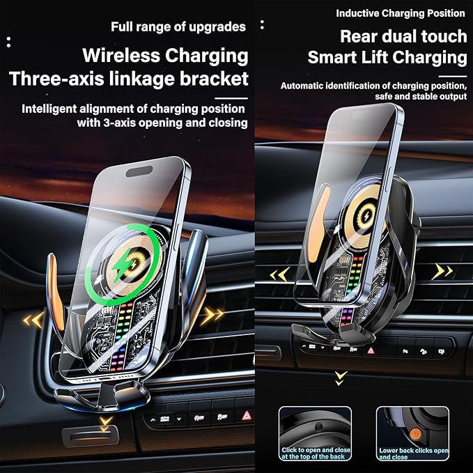 Car Phone Holder Wireless Car Charger, 15W Fast Charging Auto Sensing Clamping Phone Holders for Your Car Vent 360 Adjustable Car Mount for iPhone 16 15 14 13 12 Pro Max, Samsung Glaxy Series